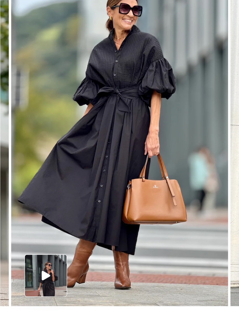 Black Puff-Sleeve Button-Front Maxi Dress with Self-Tie Waist